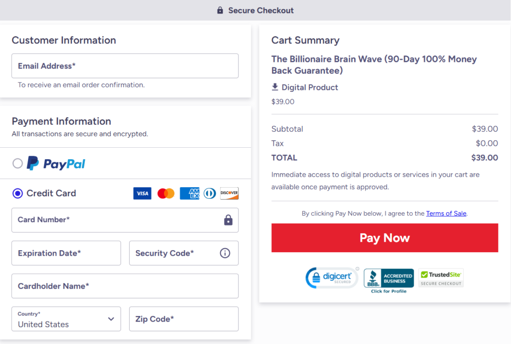 billionaire brain wave Checkout Page